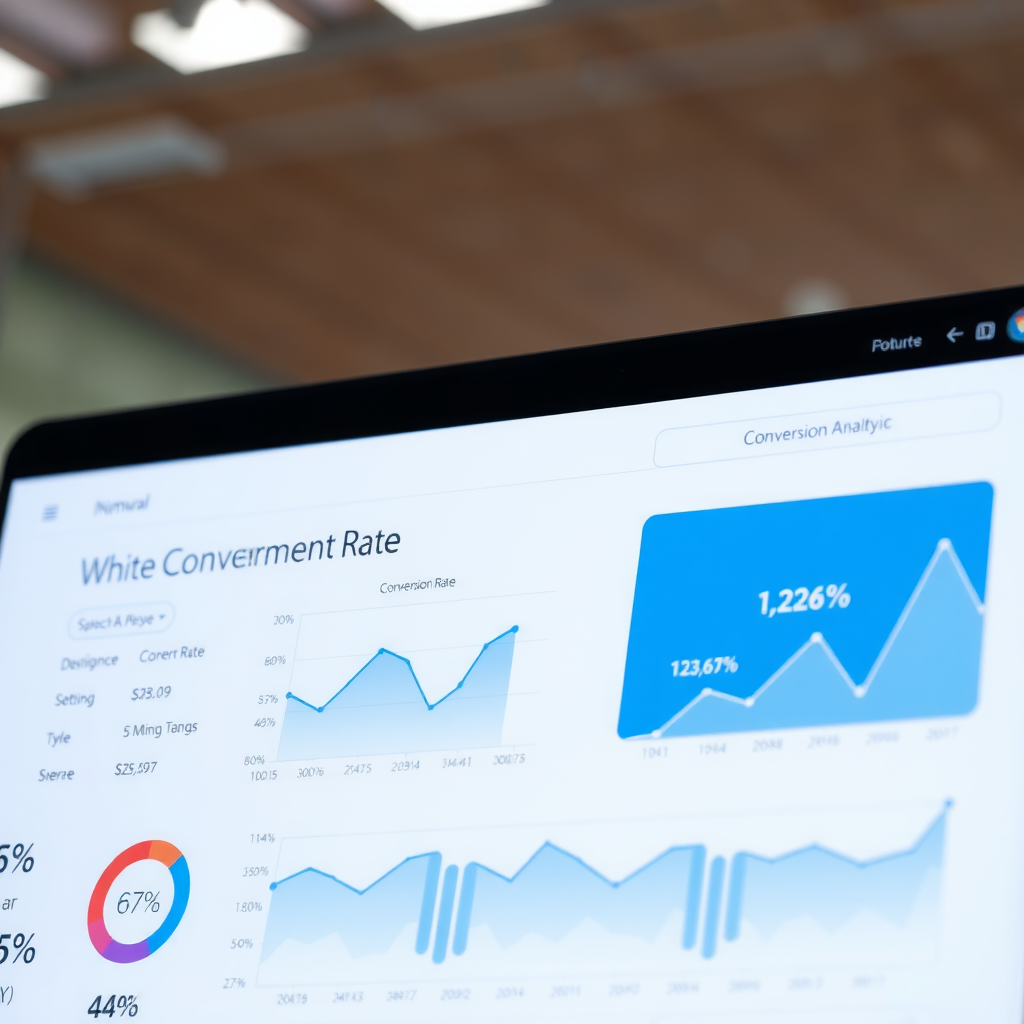 Modern e-commerce website dashboard showing analytics graphs with conversion rate metrics, clean interface with soft blue and white color scheme, professional business analytics visualization