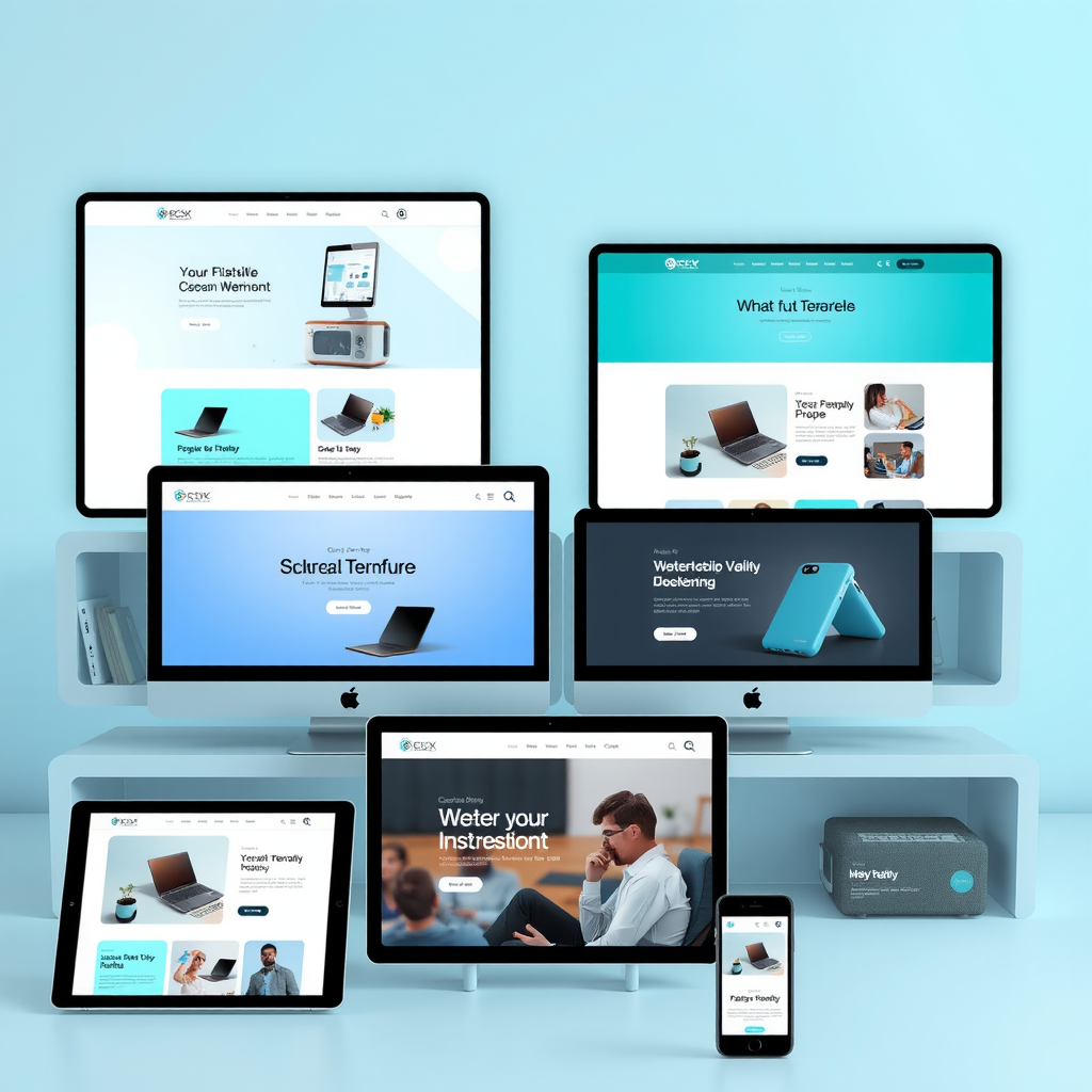 Modern custom website design showcase featuring clean layouts, intuitive navigation, and responsive design elements displayed on multiple devices including desktop, tablet, and mobile screens with soft blue and green color schemes