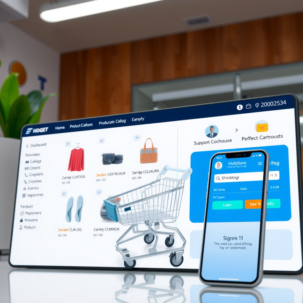 Modern e-commerce platform dashboard showing product catalog, shopping cart interface, and secure checkout process with mobile-responsive design elements