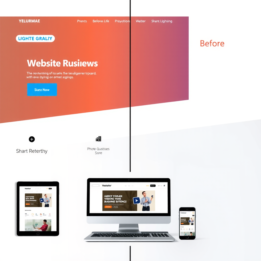 Modern website redesign showcase displaying before and after comparison of a business website transformation with clean interface, improved navigation, and contemporary design elements on multiple devices including desktop, tablet and mobile screens