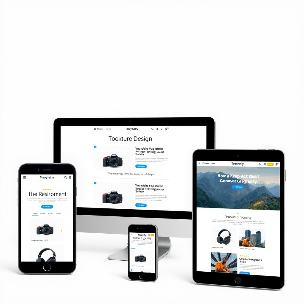 Modern responsive website design displayed across multiple devices including smartphone, tablet, and desktop computer, showing seamless adaptation of layout and content across different screen sizes