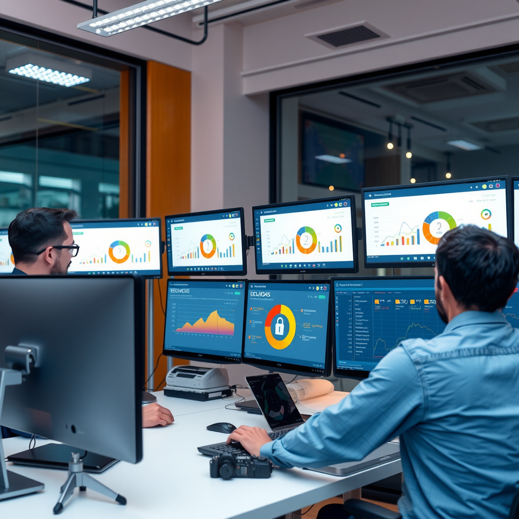 Professional web development team monitoring website performance, security dashboards, and analytics on multiple screens in a modern tech office with clean workspace and ambient lighting