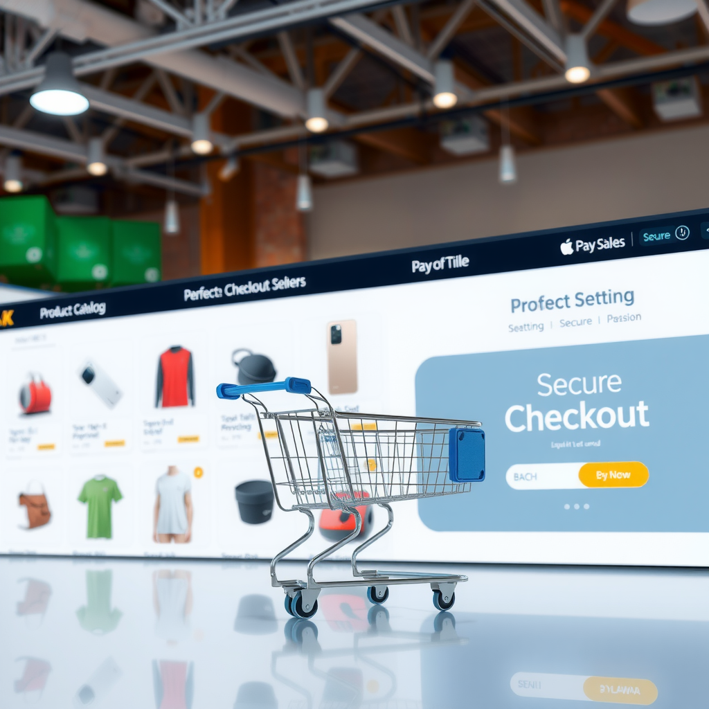Modern e-commerce platform interface displaying product catalog, shopping cart, secure checkout process, and mobile-responsive design with payment integration features