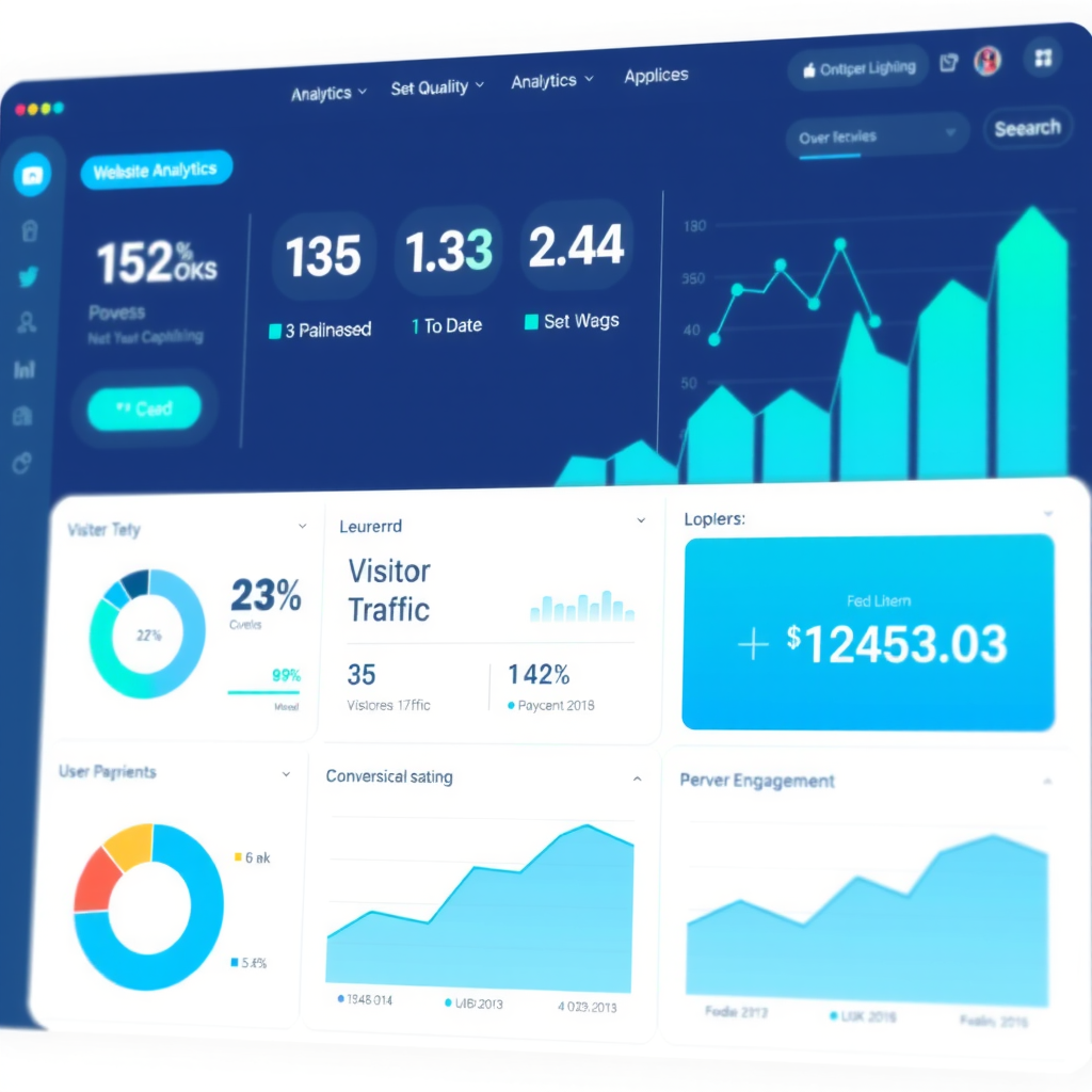Website analytics dashboard showing key performance metrics including visitor traffic, conversion rates, user engagement statistics, and growth charts with clean modern interface design in soft blue and green colors