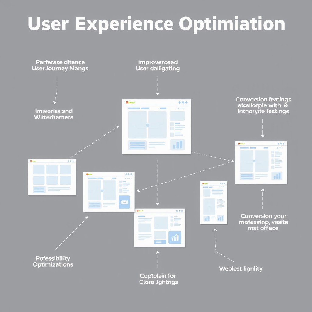 User experience optimization illustration showing website wireframes, user journey maps, and interface design mockups with annotations highlighting improved navigation flow, accessibility features, and conversion optimization strategies