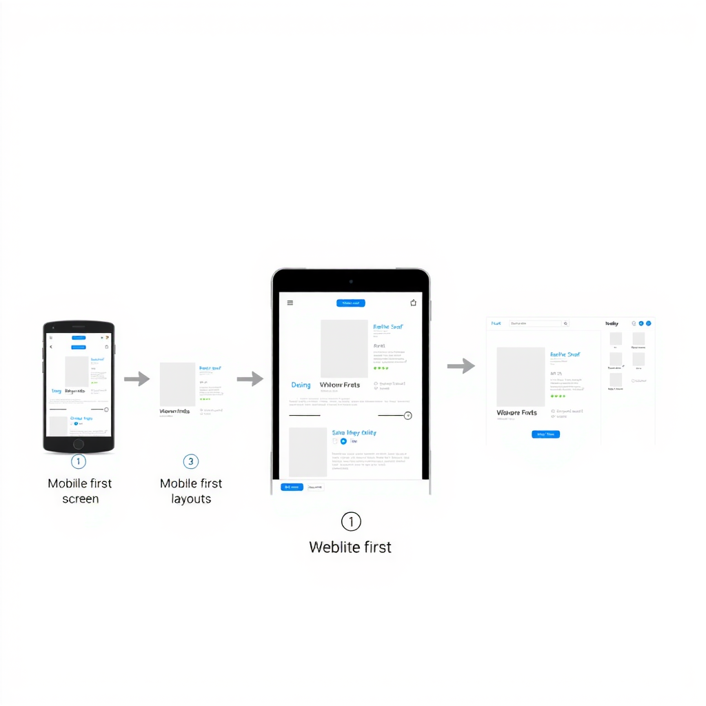 Illustration of mobile-first design process showing wireframes and layouts being developed starting from mobile screen size and expanding to tablet and desktop views