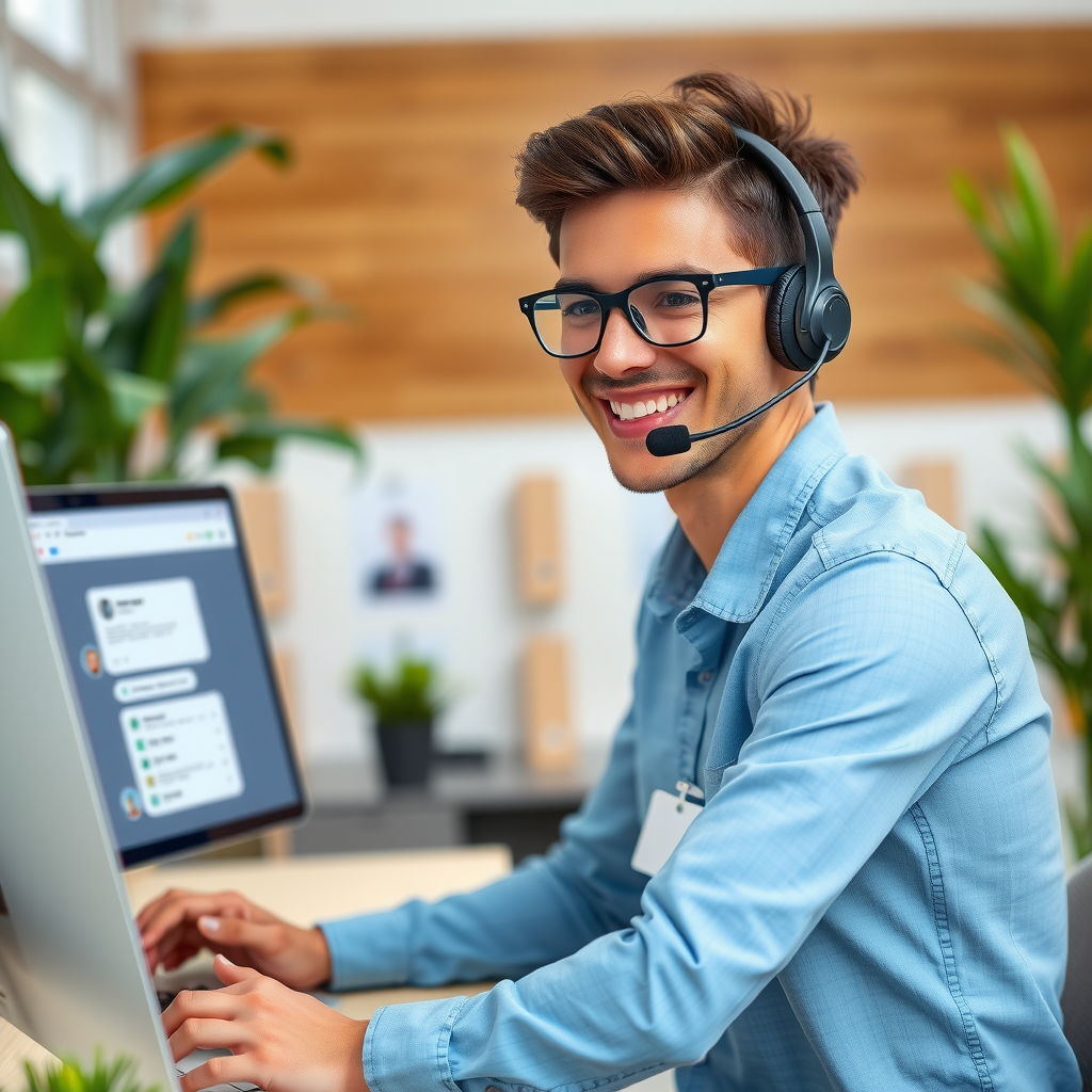 Friendly customer support representative wearing headset, smiling while working on computer with support ticket system and live chat interface visible on screen, professional office setting with plants and natural lighting