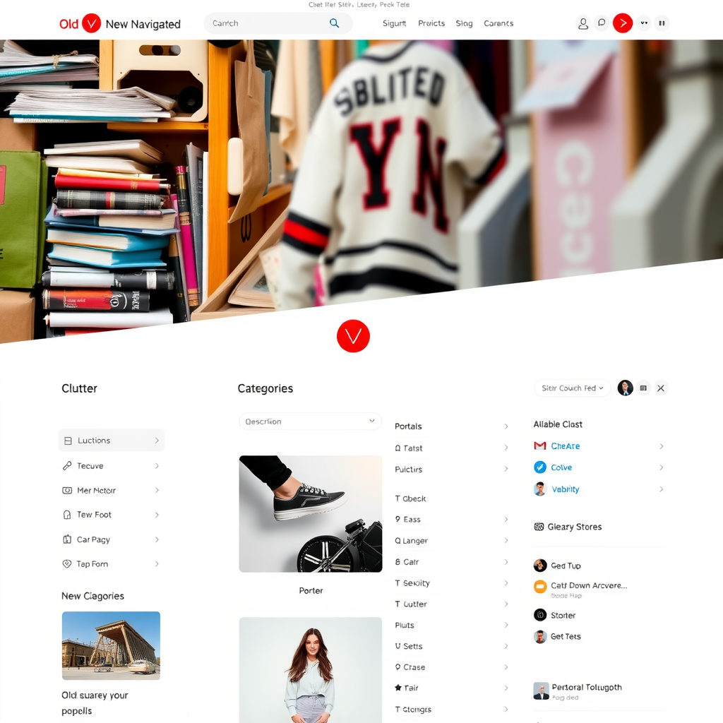 Side-by-side comparison of old cluttered website navigation versus new clean modern navigation design, showing improved user interface with clear categories and intuitive menu structure