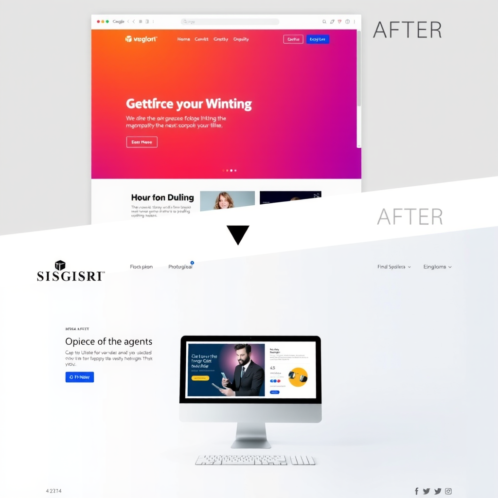 Before and after comparison of website redesign showing transformation from outdated interface to modern, sleek design with improved user experience and contemporary visual elements