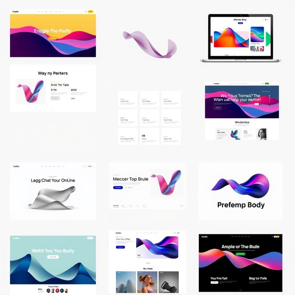 Modern web design trends showcase featuring clean minimalist layouts, bold typography, vibrant color schemes, micro-interactions, and contemporary UI elements displayed across multiple website examples and design mockups