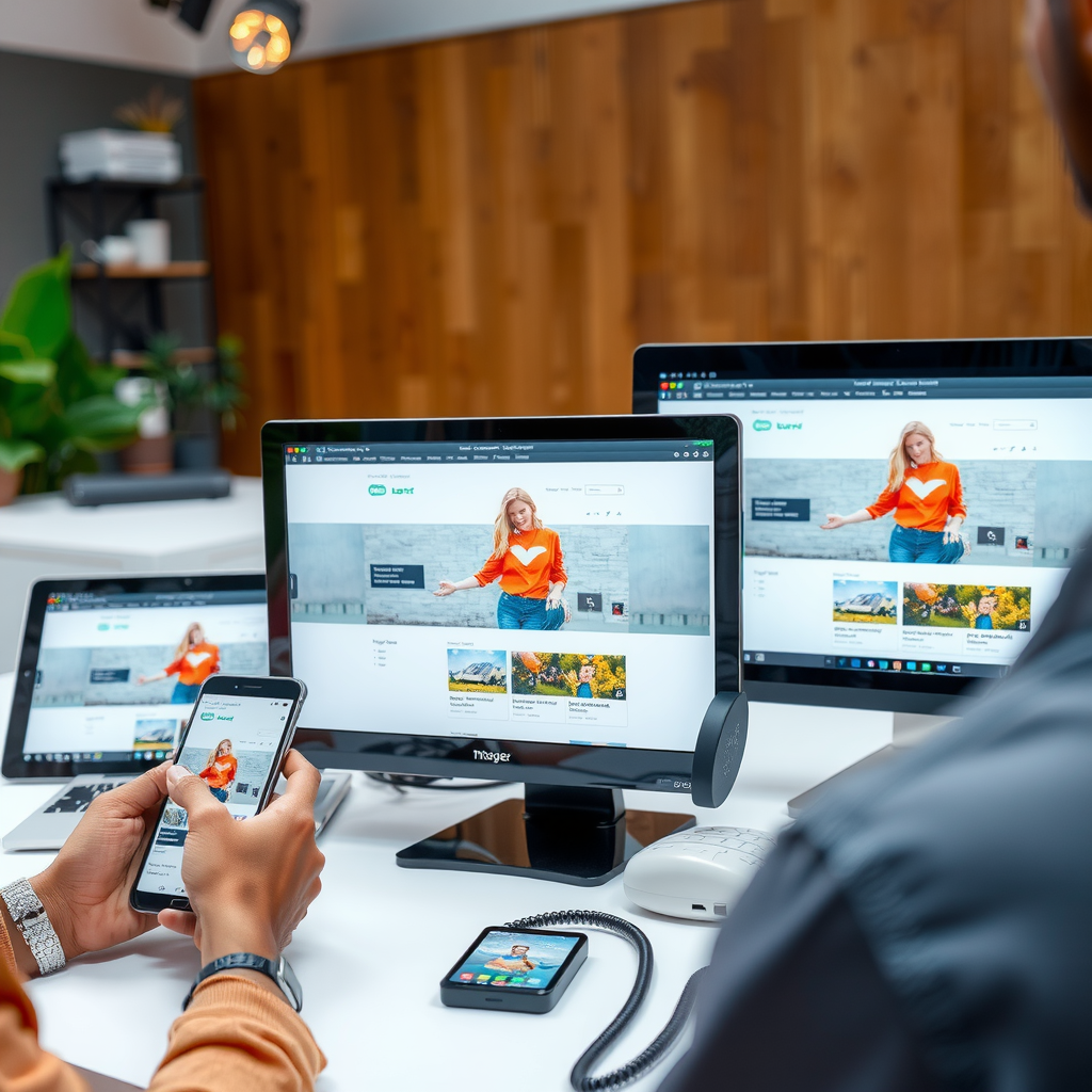 Quality assurance testing showing website being tested on various devices including different smartphone models, tablets, and desktop computers to ensure consistent performance