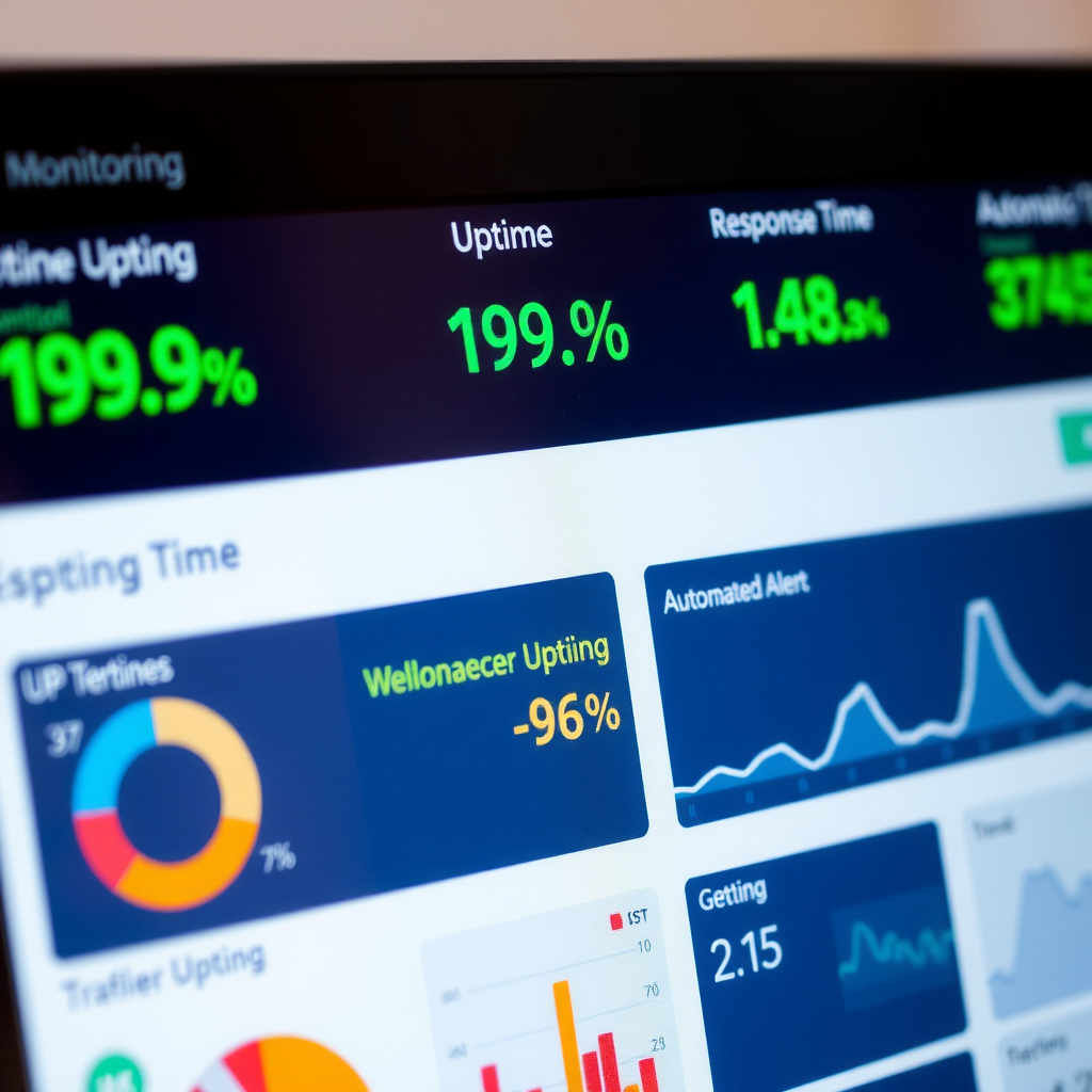 Close-up of monitoring dashboard on computer screen showing website uptime statistics at 99.9%, real-time performance metrics, green status indicators, response time graphs, and automated alert system interface