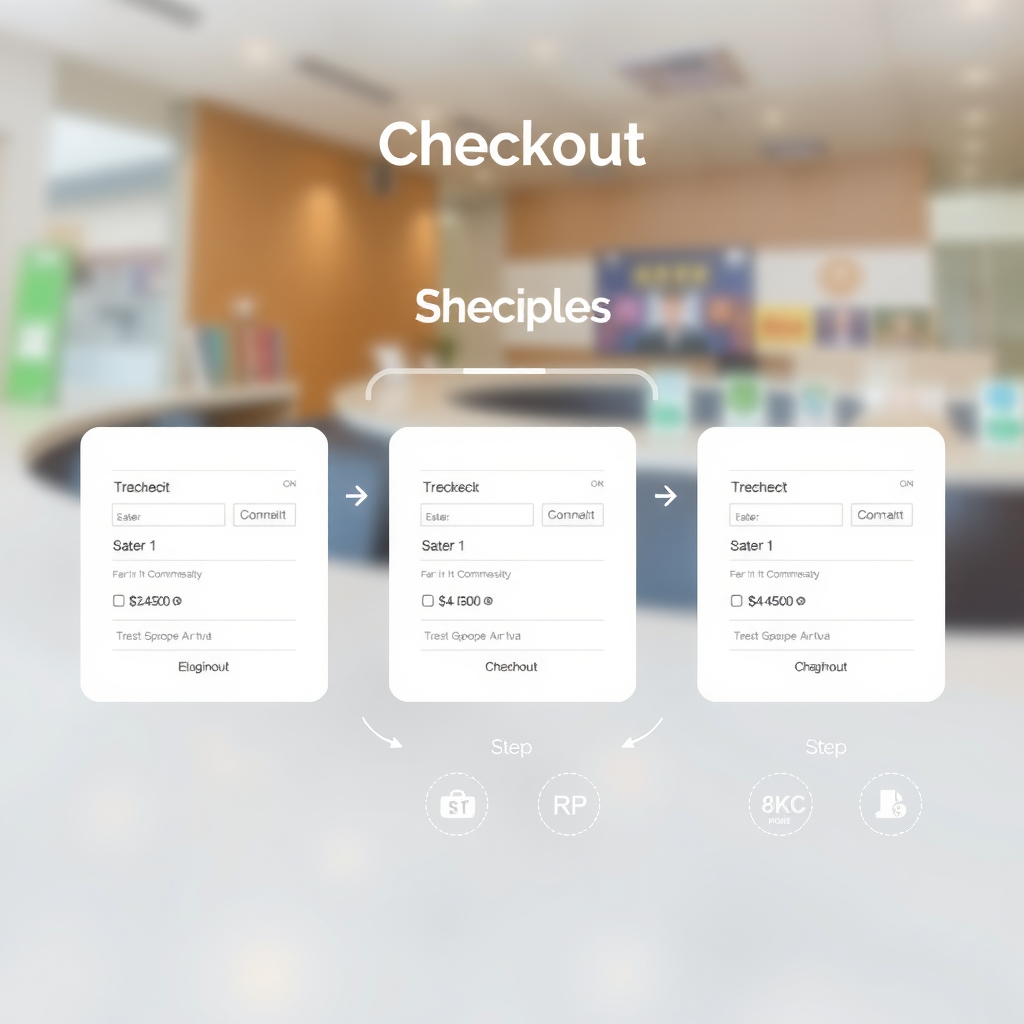Modern streamlined checkout interface showing three-step process with progress bar, clean form fields, multiple payment options, and trust badges, professional e-commerce design