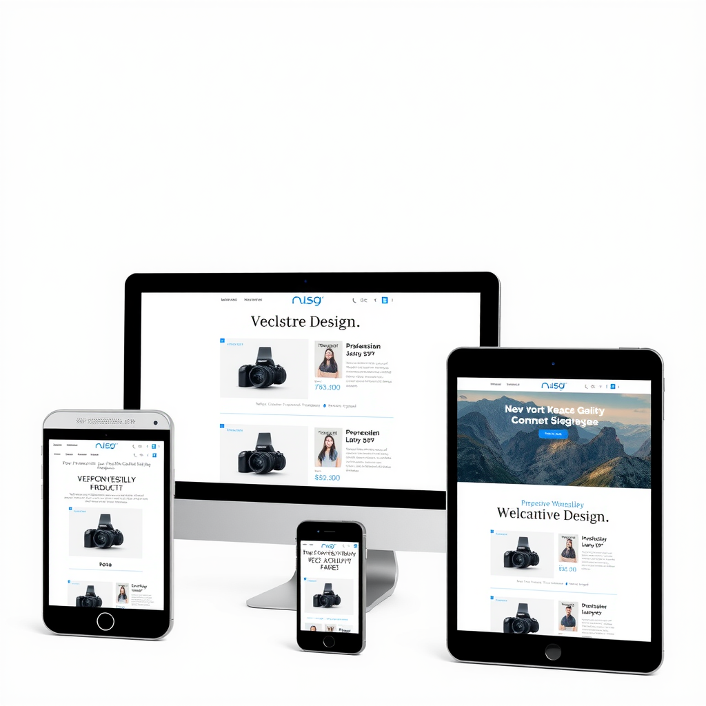 Responsive website design displayed across multiple devices including smartphone, tablet, and desktop computer showing seamless adaptation and optimal viewing experience on all screen sizes