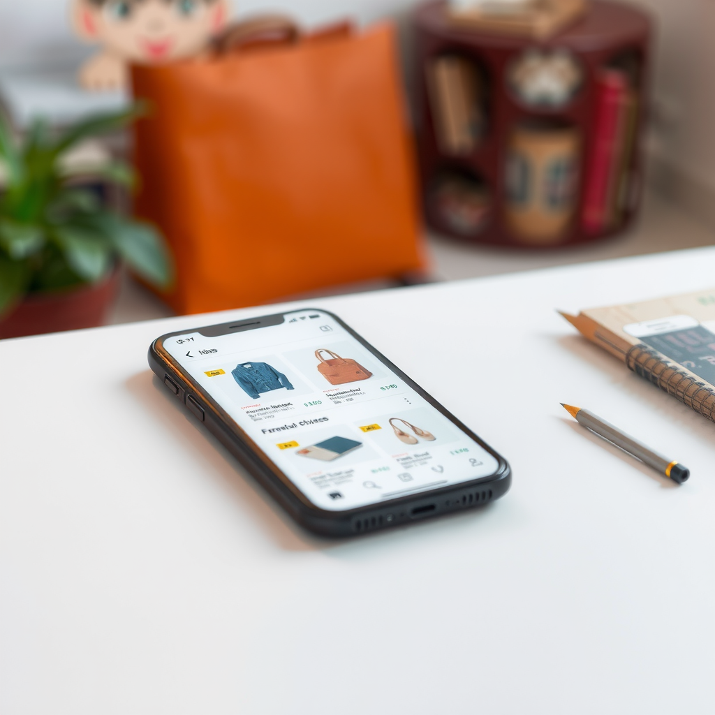 Mobile phone displaying responsive e-commerce store with touch-optimized product browsing, easy navigation, and mobile-friendly checkout process