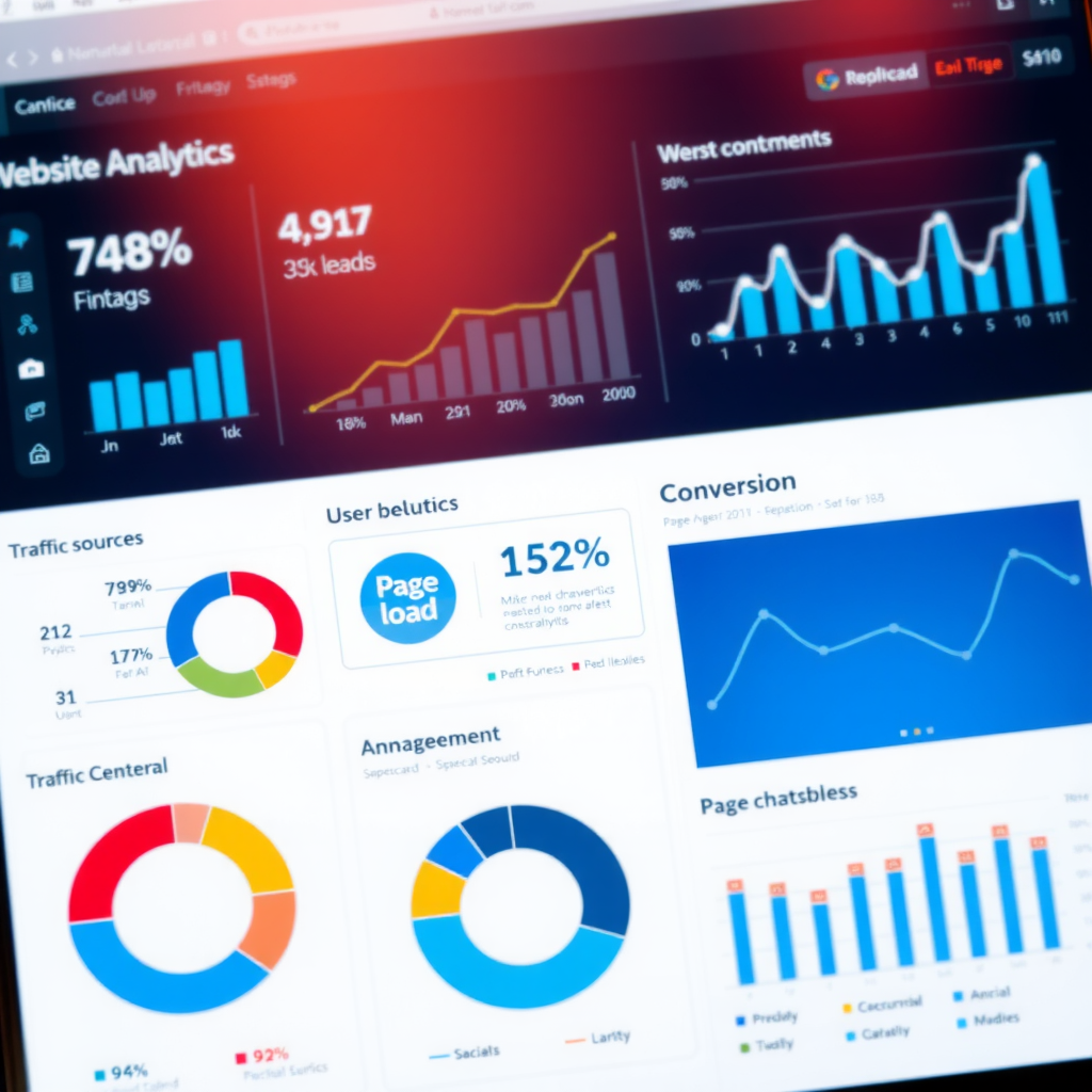 Website analytics dashboard showing key performance metrics including traffic sources, user behavior patterns, conversion rates, page load times, and engagement statistics with colorful graphs and charts