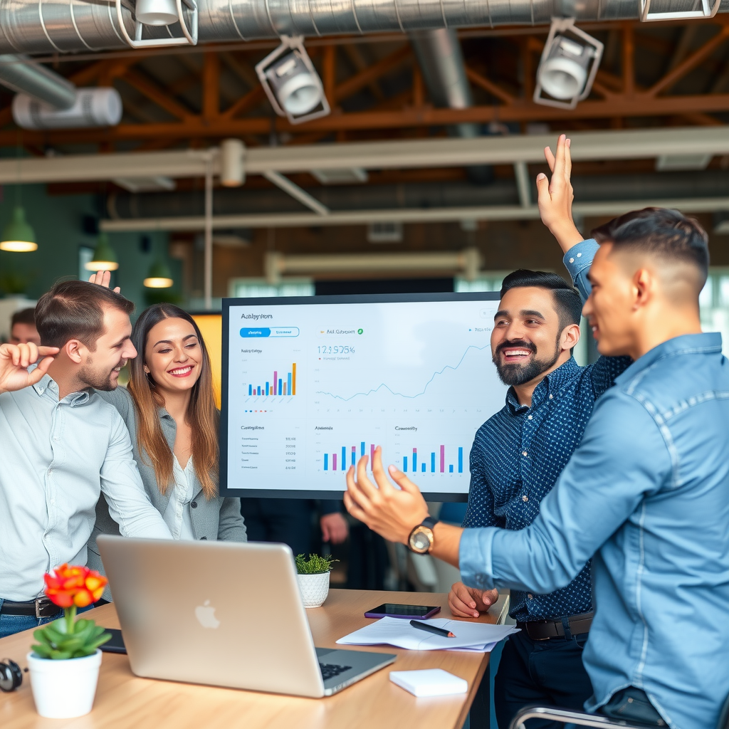 Professional web design team celebrating successful project completion in modern office, looking at analytics dashboard showing improved conversion metrics, collaborative work environment