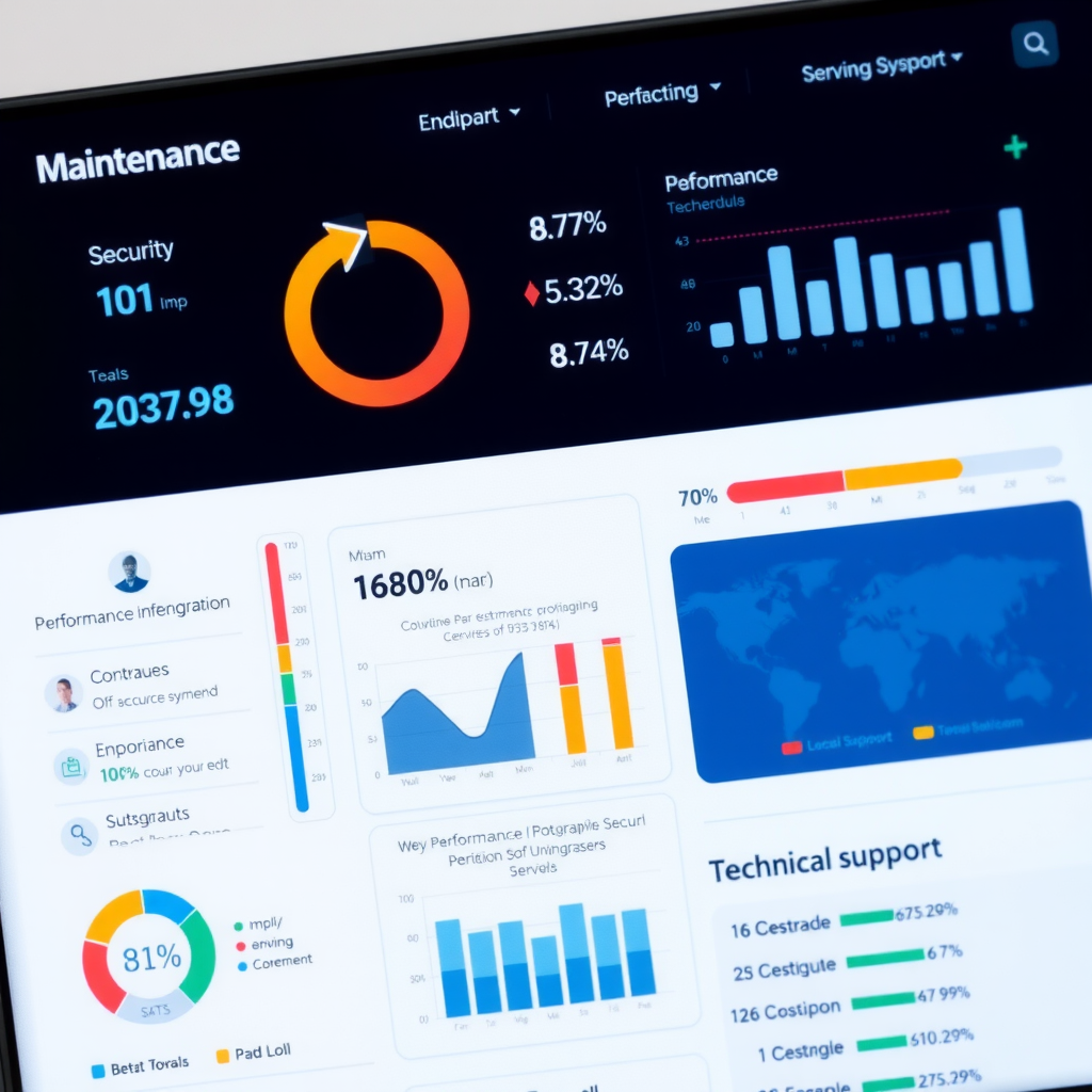 Website maintenance dashboard showing security monitoring, performance optimization metrics, update schedules, and technical support tools with graphs and status indicators