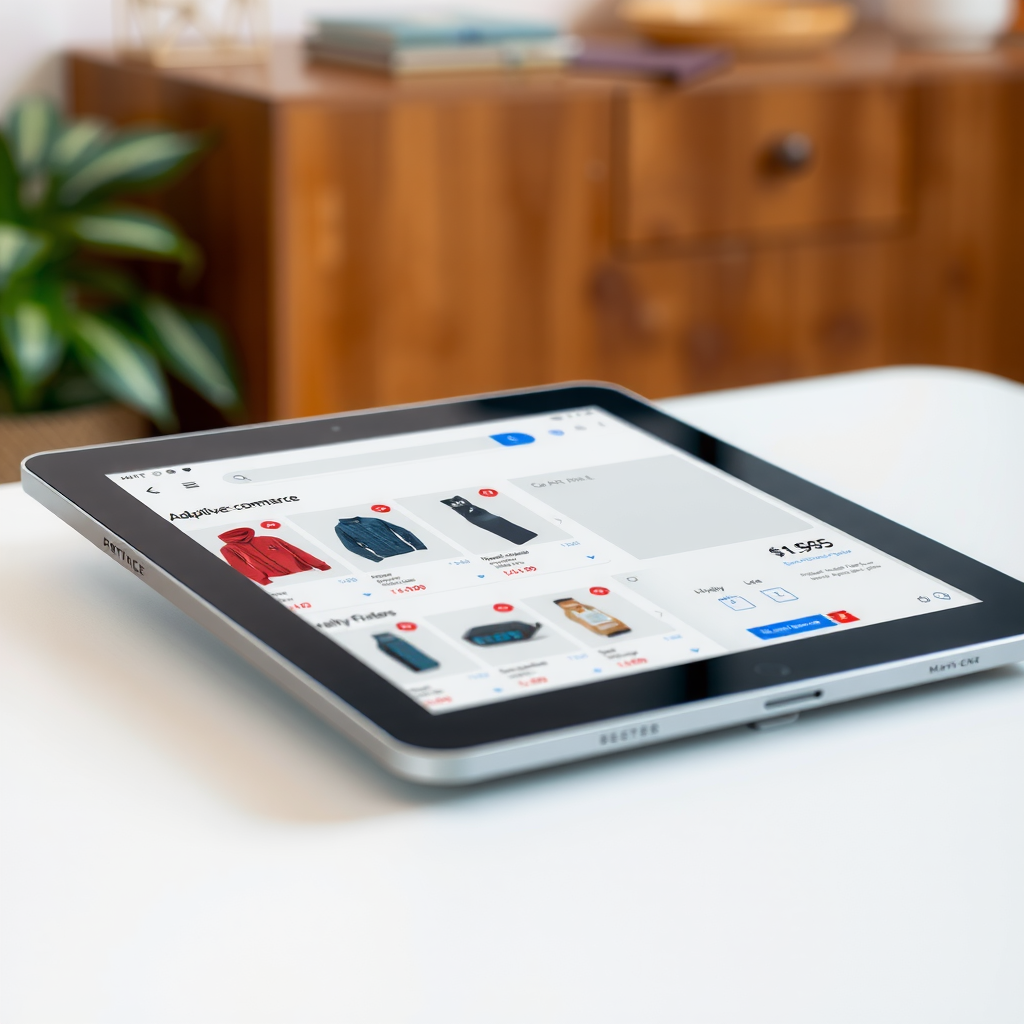 Tablet device showing adaptive e-commerce layout with optimized product grid, intuitive filters, and seamless shopping cart experience