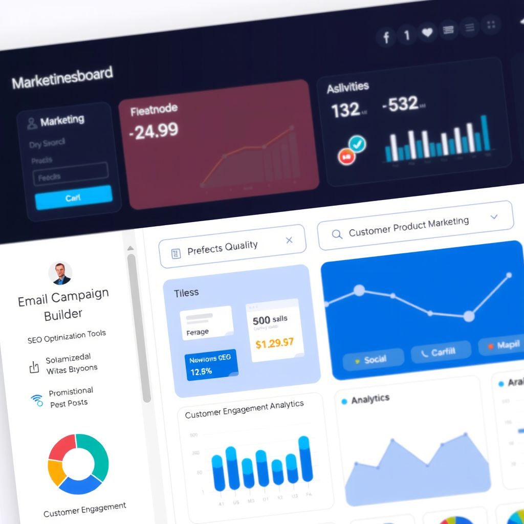 Marketing dashboard showing email campaign builder, social media integration, SEO optimization tools, promotional discount management, and customer engagement analytics